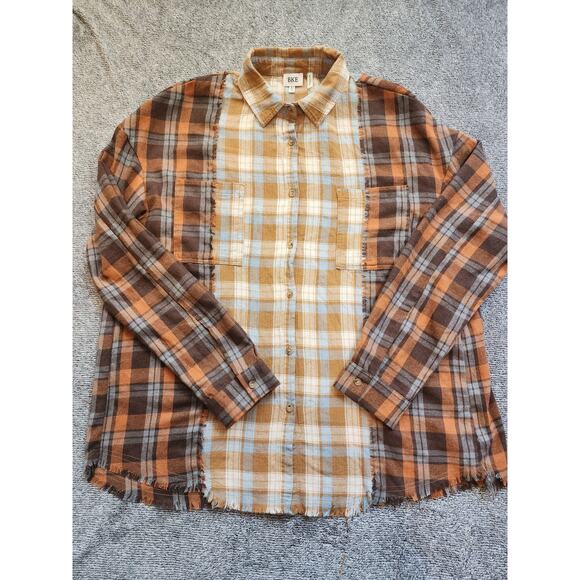 BKE Tops - BKE Boyfriend Fringed XL Plaid‎ Shirt